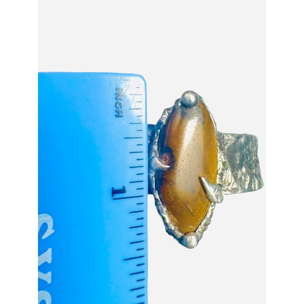 Handcrafted Brutalist Silver Bracelet W Tigers Eye Cabochon Stone Adjustable Fit - Picture 8 of 14